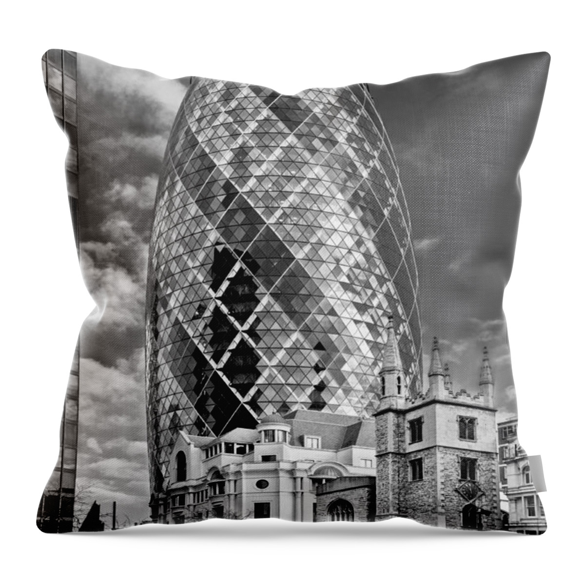 City Of London Throw Pillow featuring the photograph Gherkin and St Andrew's black and white by Gary Eason
