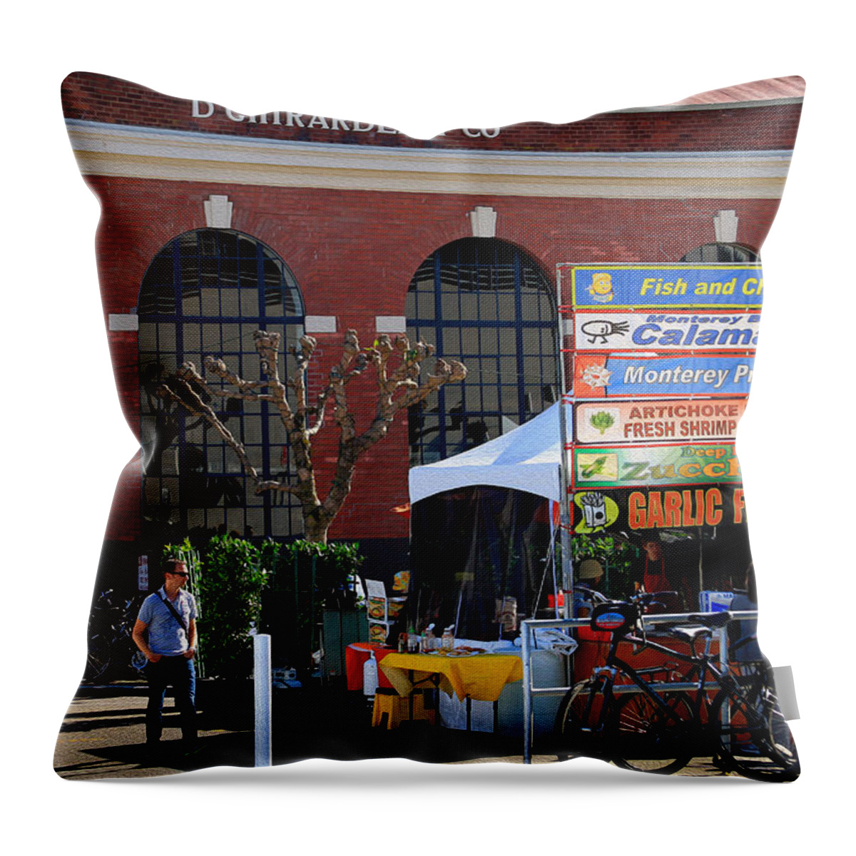 Bonnie Follett Throw Pillow featuring the photograph Ghirardelli vendor by Bonnie Follett