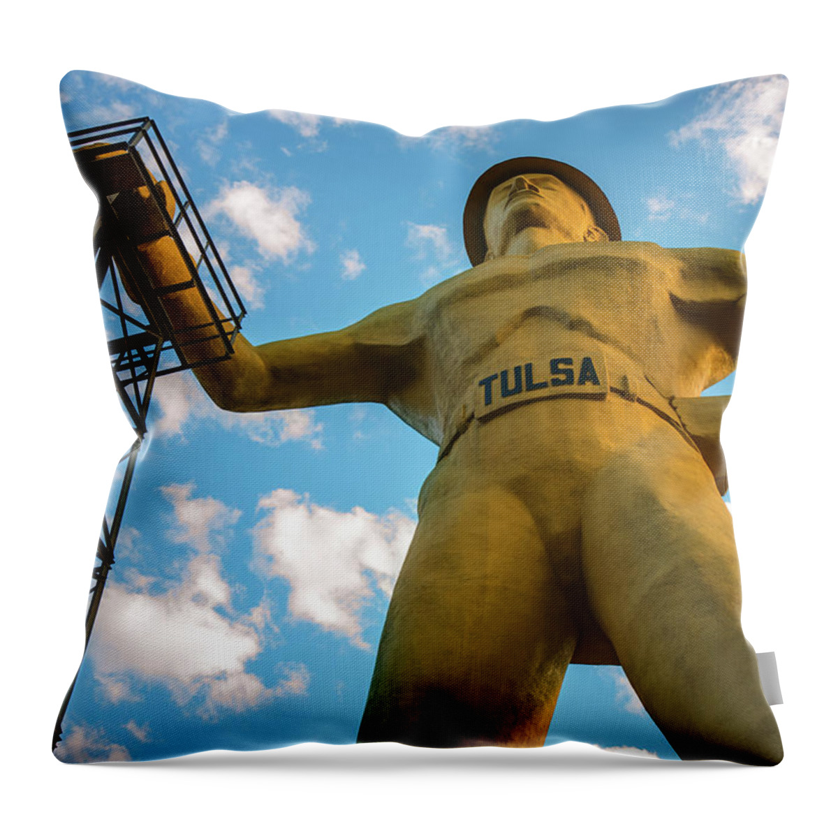 Tulsa Golden Driller Throw Pillow featuring the photograph Giant Tulsa Driller Statue - Color Edition by Gregory Ballos
