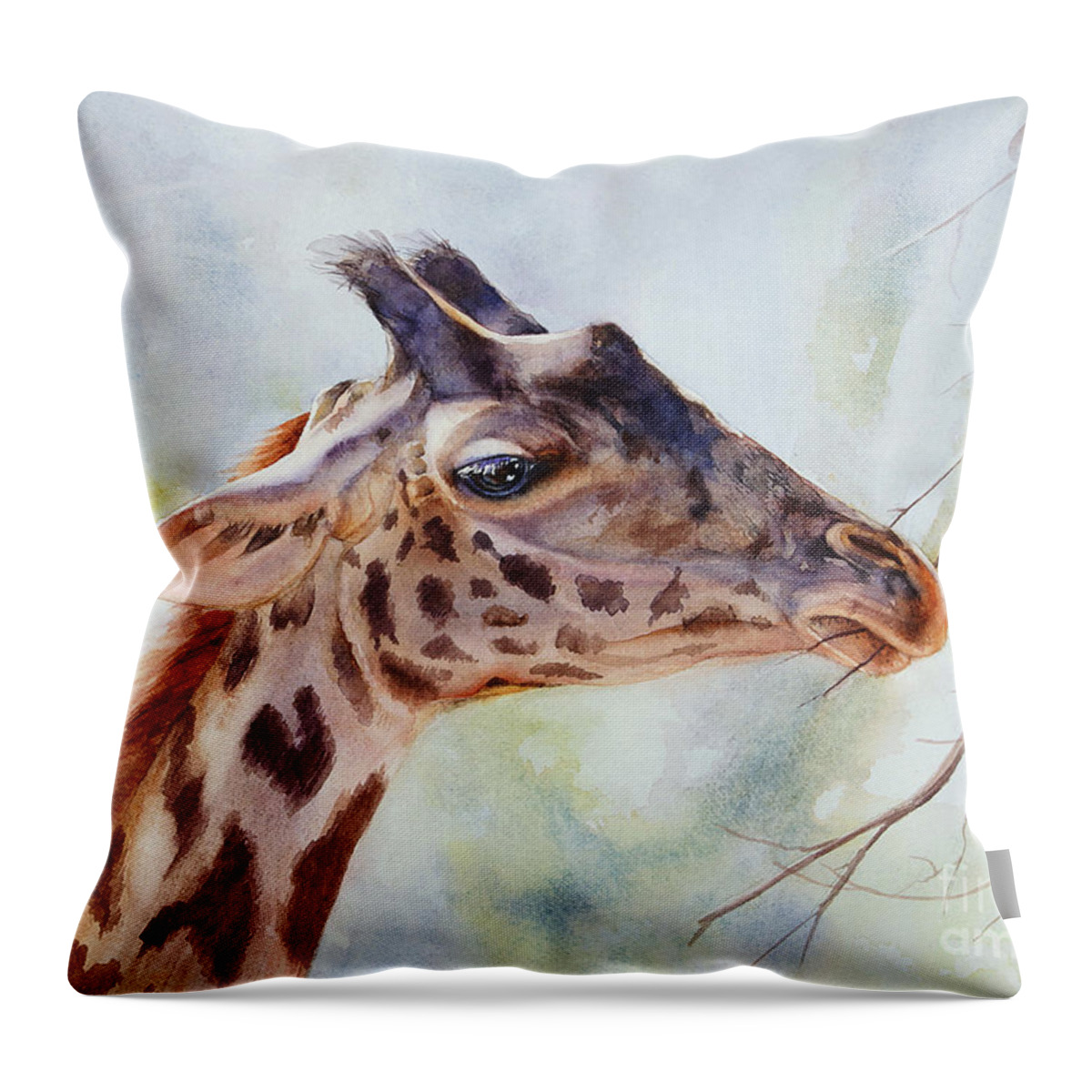 Giraffe Throw Pillow featuring the painting Giraffe Eating by Bonnie Rinier
