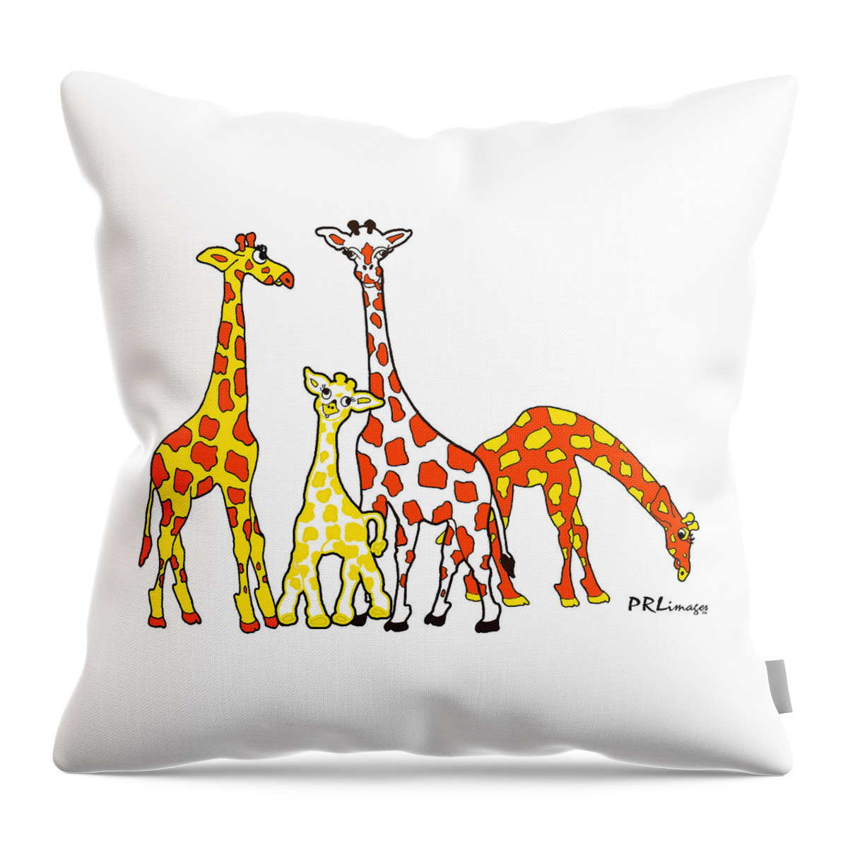 Giraffes Throw Pillow featuring the drawing Giraffe Family Portrait in Orange and Yellow by Rachel Lowry