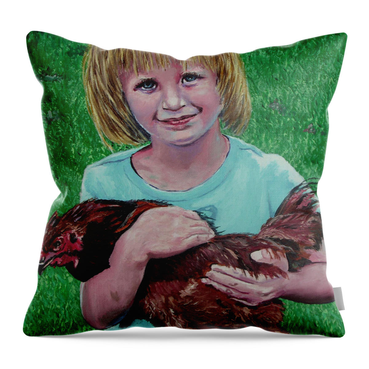 Portrait Throw Pillow featuring the painting Girl and Chicken by Stan Hamilton