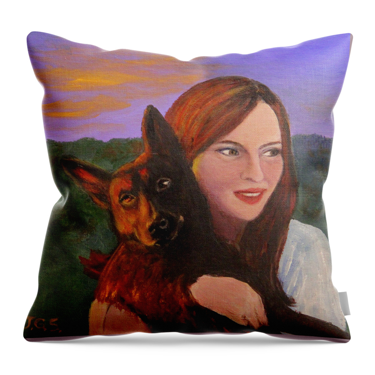 Pets Throw Pillow featuring the painting Girl and Her Dog by Janet Greer Sammons