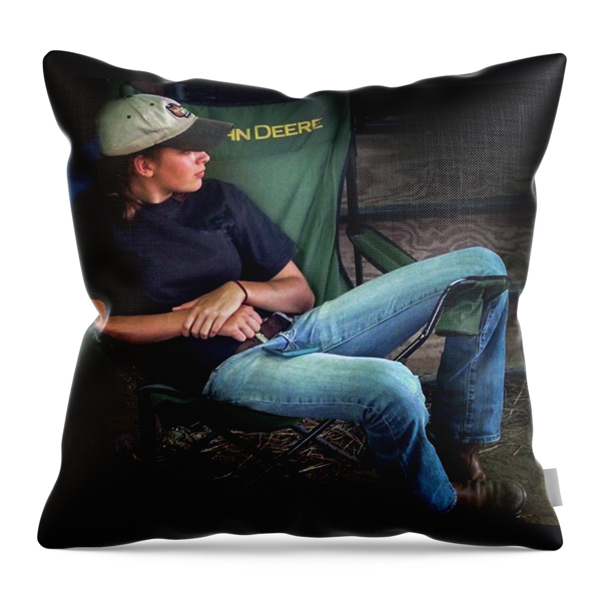 2017 Throw Pillow featuring the photograph Girl at the Fair in the John Deere Chair by George Harth