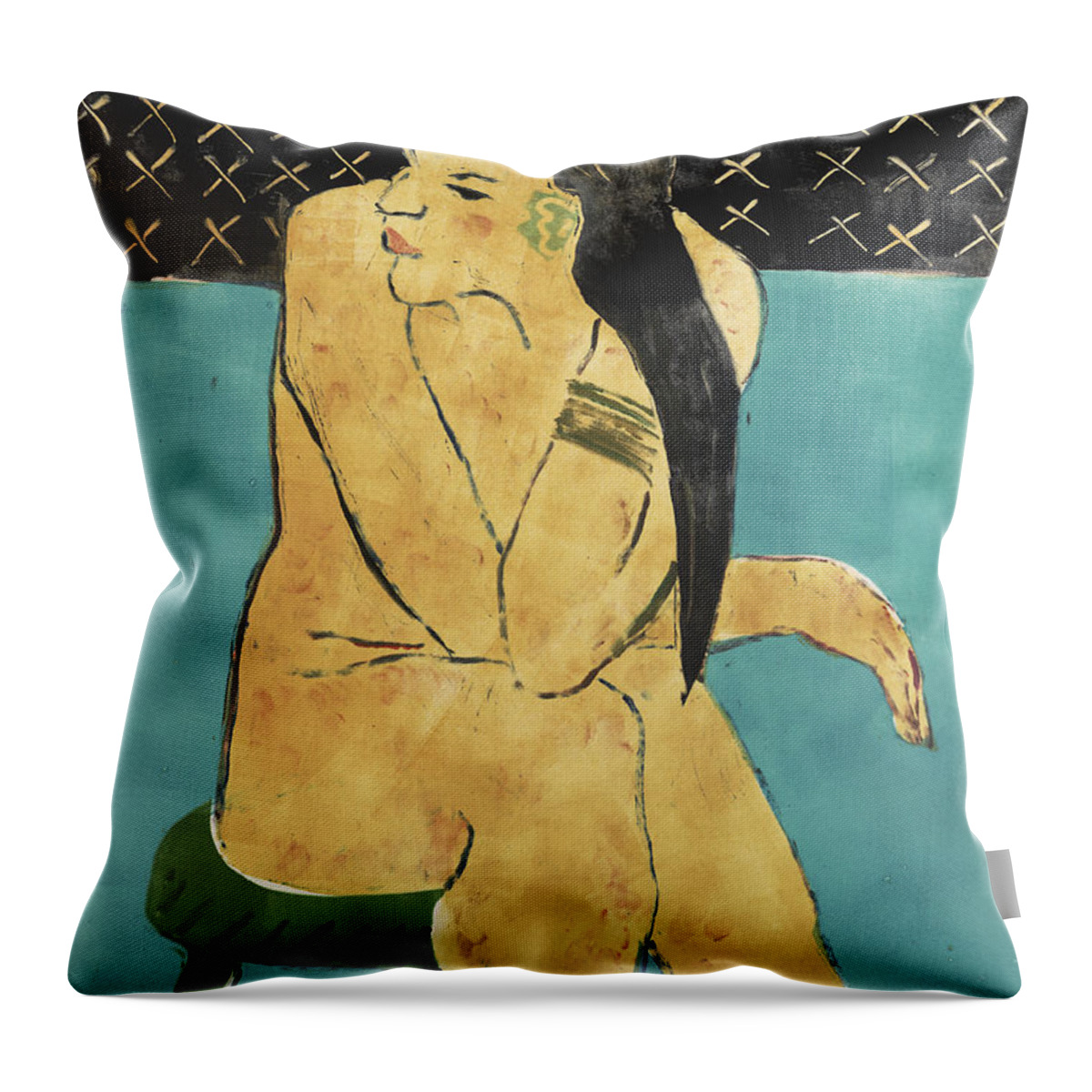 Figure Throw Pillow featuring the painting Girl on a Green Stool by Thomas Tribby