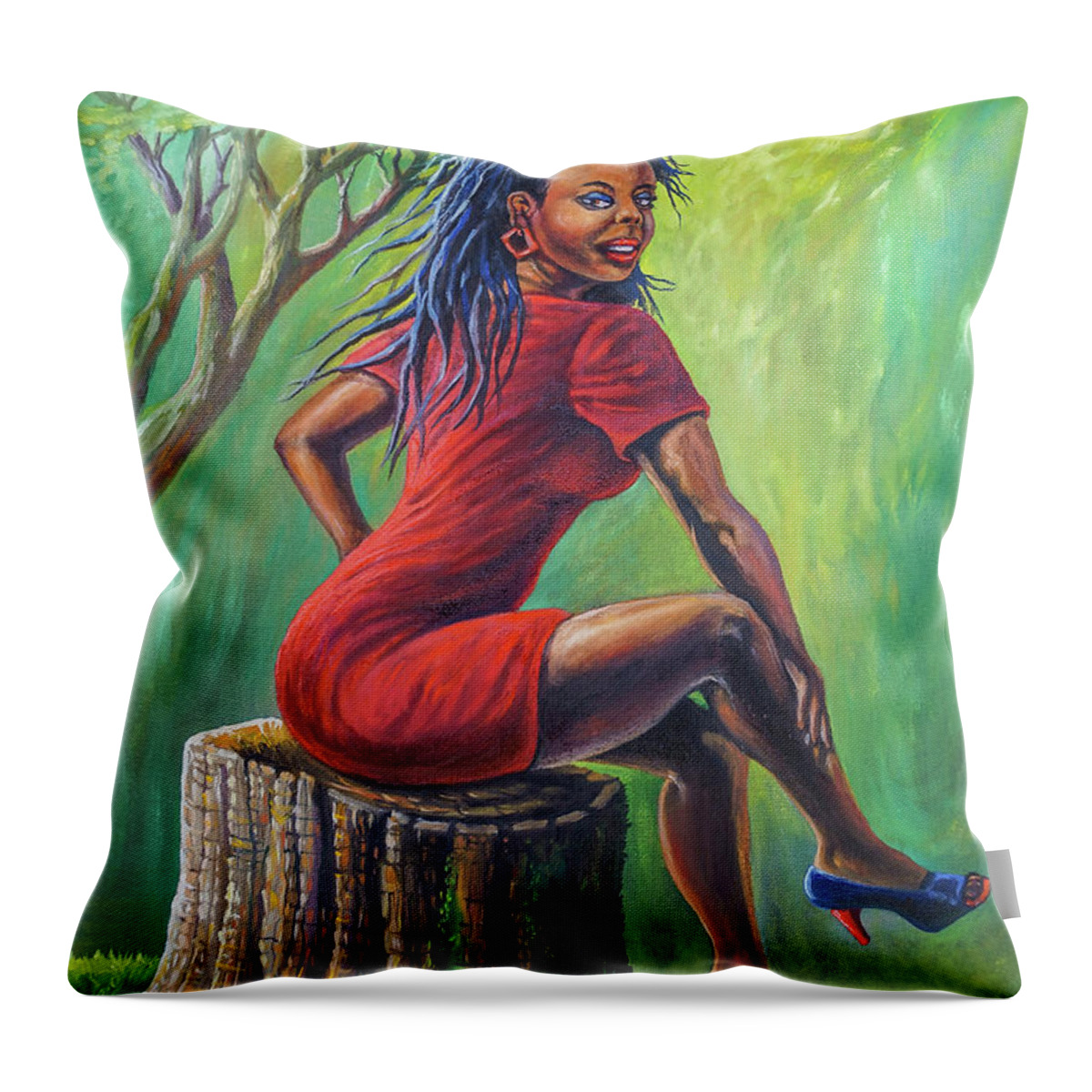 Glamour Throw Pillow featuring the painting Girl on Stump by Anthony Mwangi