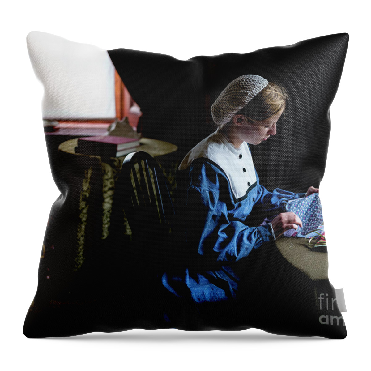 Girl Sewing Throw Pillow featuring the photograph Girl Sewing by M G Whittingham