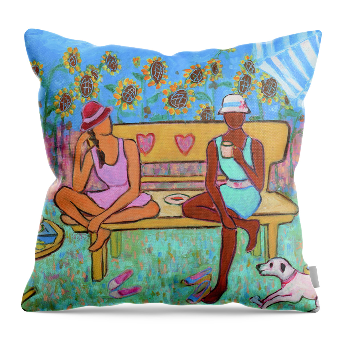 Figurative Throw Pillow featuring the painting Girlfriends' Teatime III by Xueling Zou