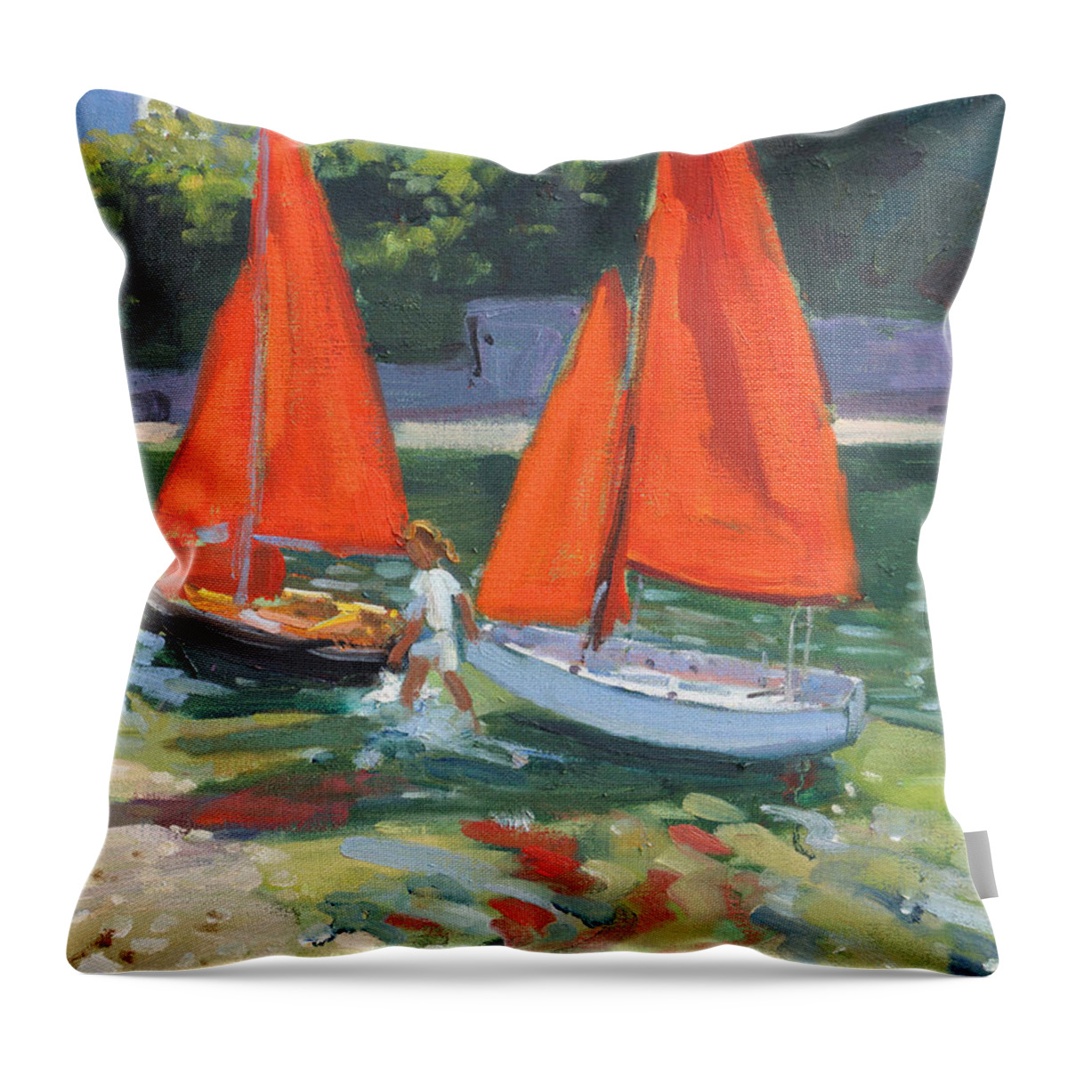 Sail Throw Pillow featuring the painting Girls with sail boats Looe by Andrew Macara