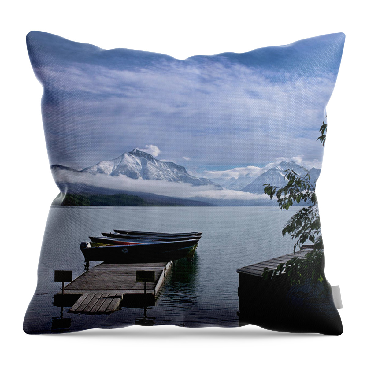 Glacier National Park Throw Pillow featuring the photograph Glacier Lake Dock by Linda Steele