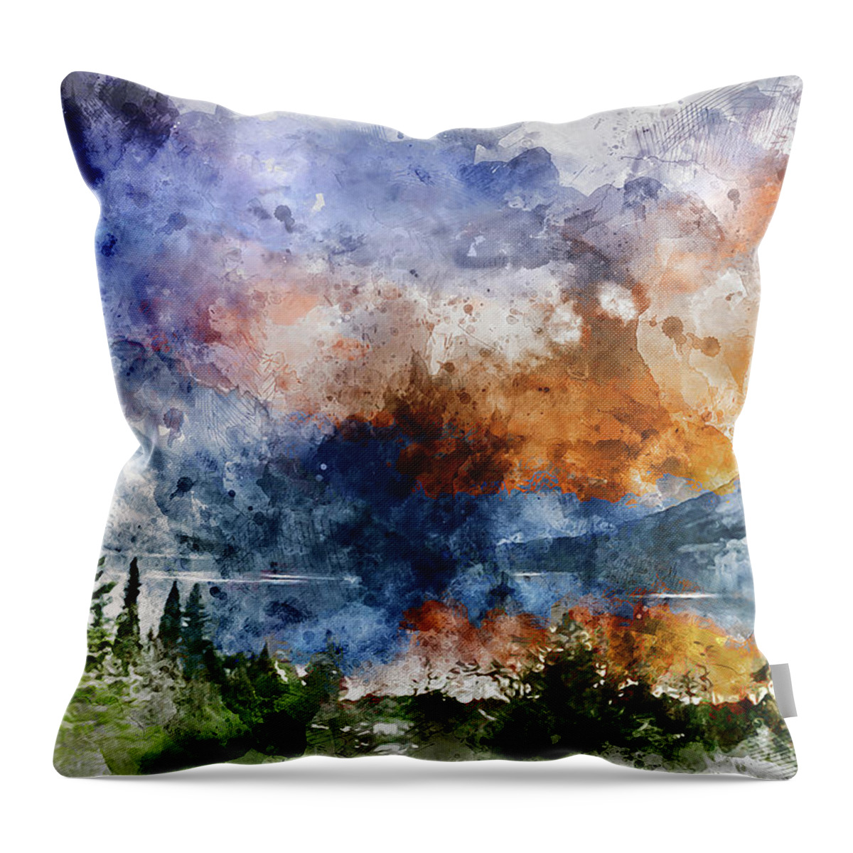 Glacier Throw Pillow featuring the painting Glacier National Park - Watercolor 05 by AM FineArtPrints