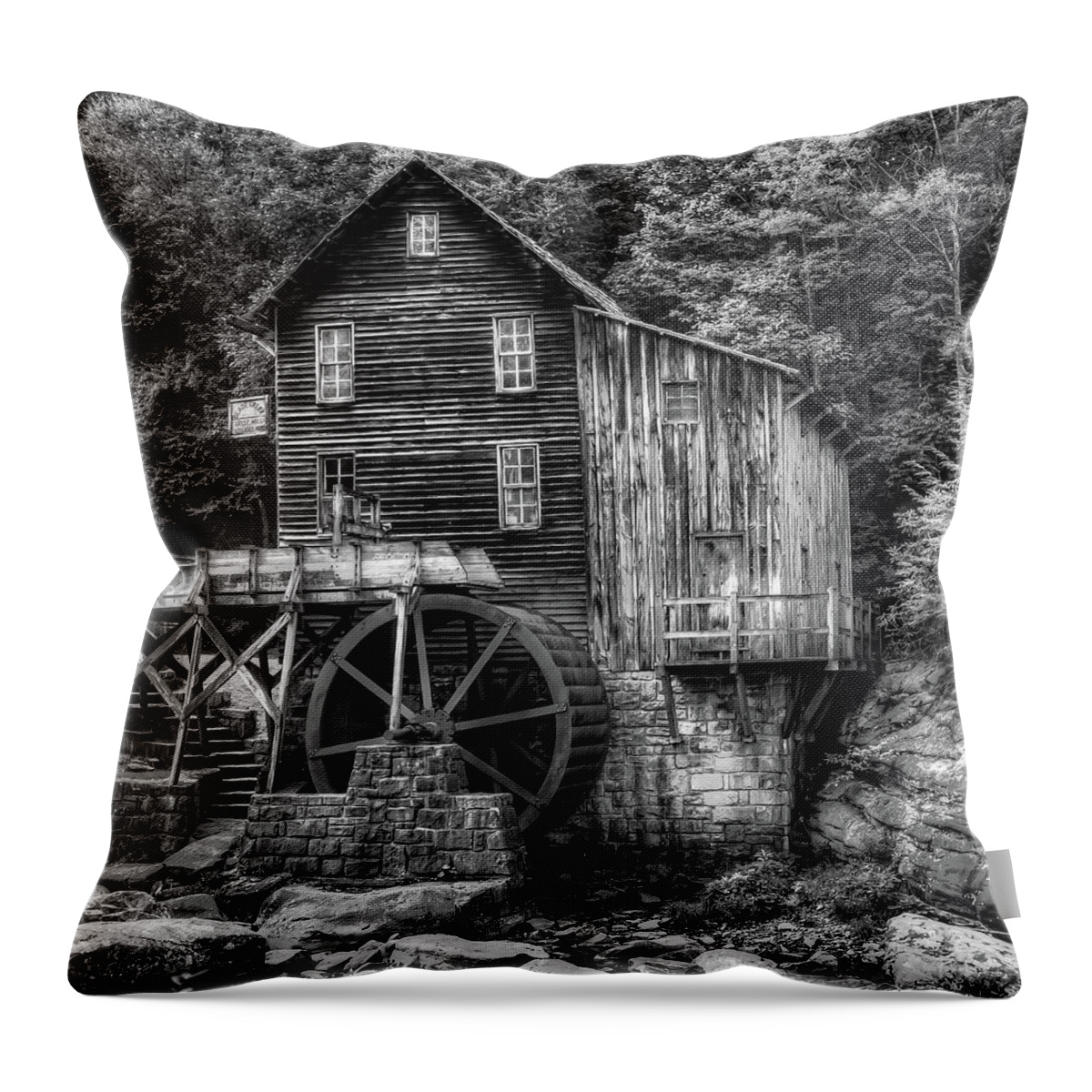 America Throw Pillow featuring the photograph Glade Creek Grist Mill 1x1 Black and White - West Virginia by Gregory Ballos