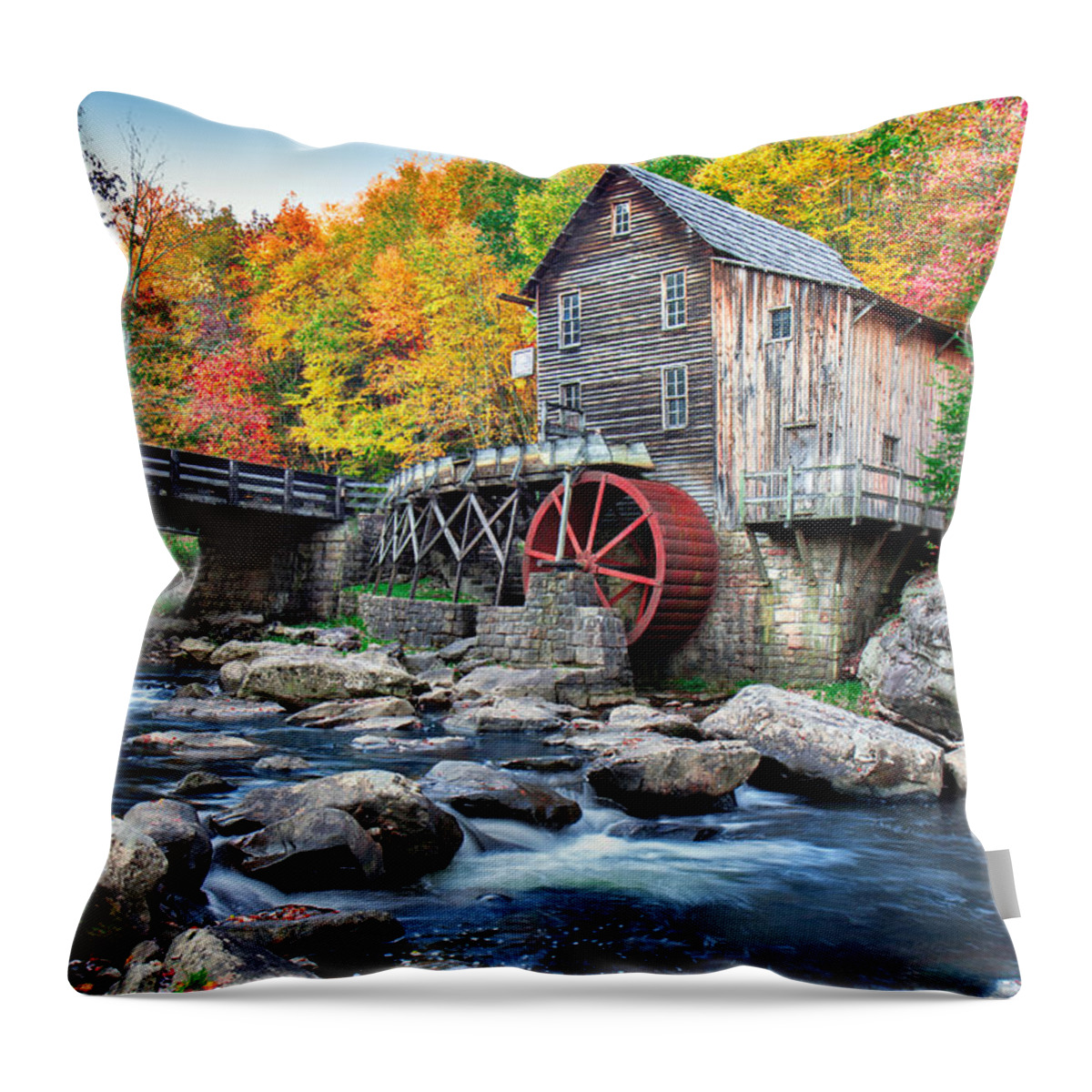 Babcock State Park Throw Pillow featuring the photograph Glade Creek Grist Mill by Mary Almond