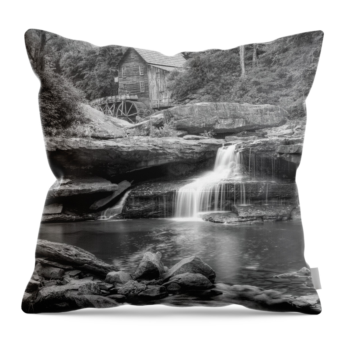 America Throw Pillow featuring the photograph Glade Creek Grist Mill Waterfall - Black and White - Square Format by Gregory Ballos