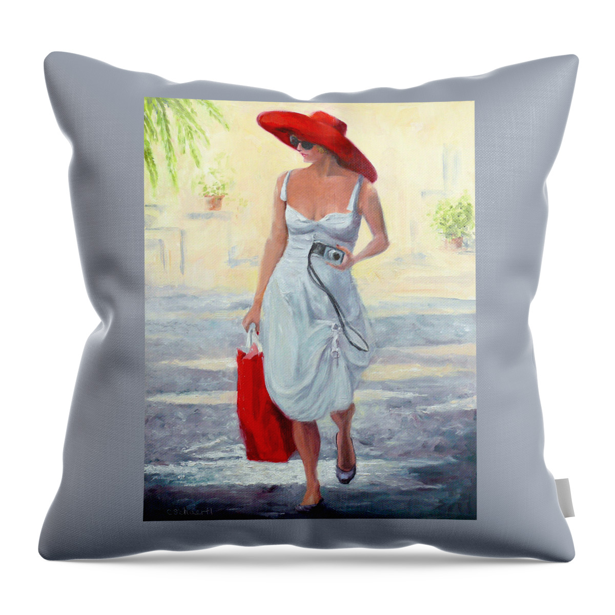 Red Throw Pillow featuring the painting Glamour on a Stroll by Connie Schaertl