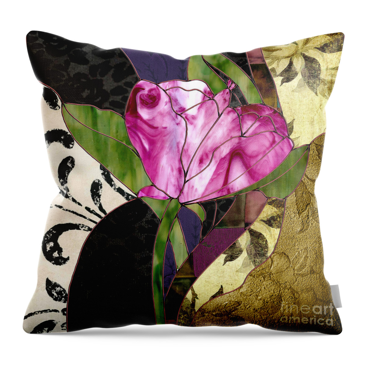 Stained Glass Throw Pillow featuring the painting Glassberry Pink Poppy Stained Glass by Mindy Sommers