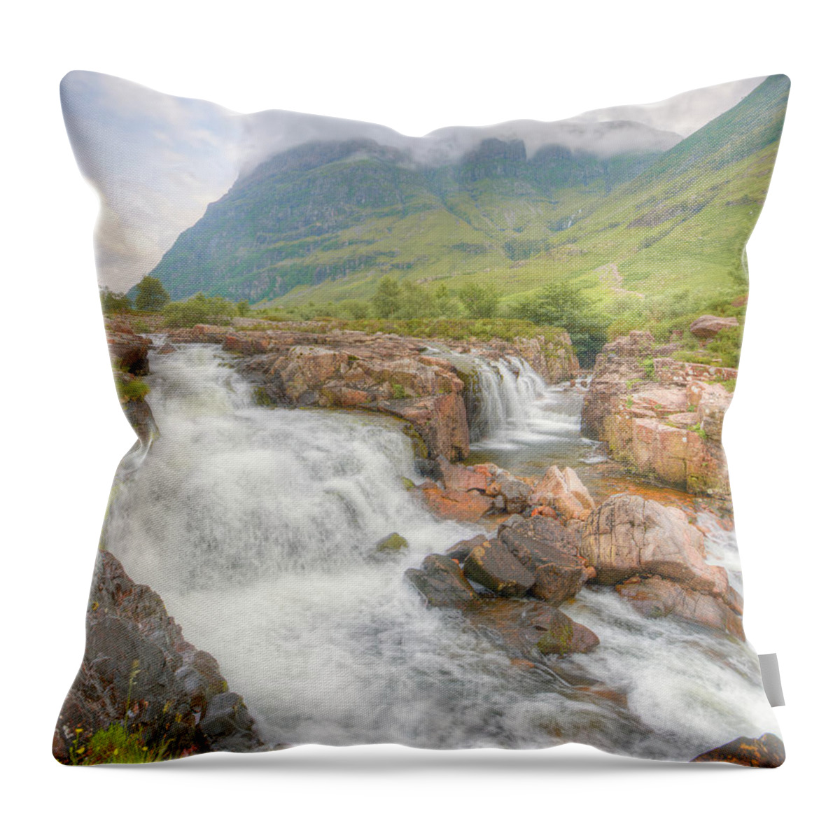 Glencoe Glen River Coe Waterfall Scottish Landscape Mountain Highlands Scotland Throw Pillow featuring the photograph Glencoe and the River Coe by Ray Devlin