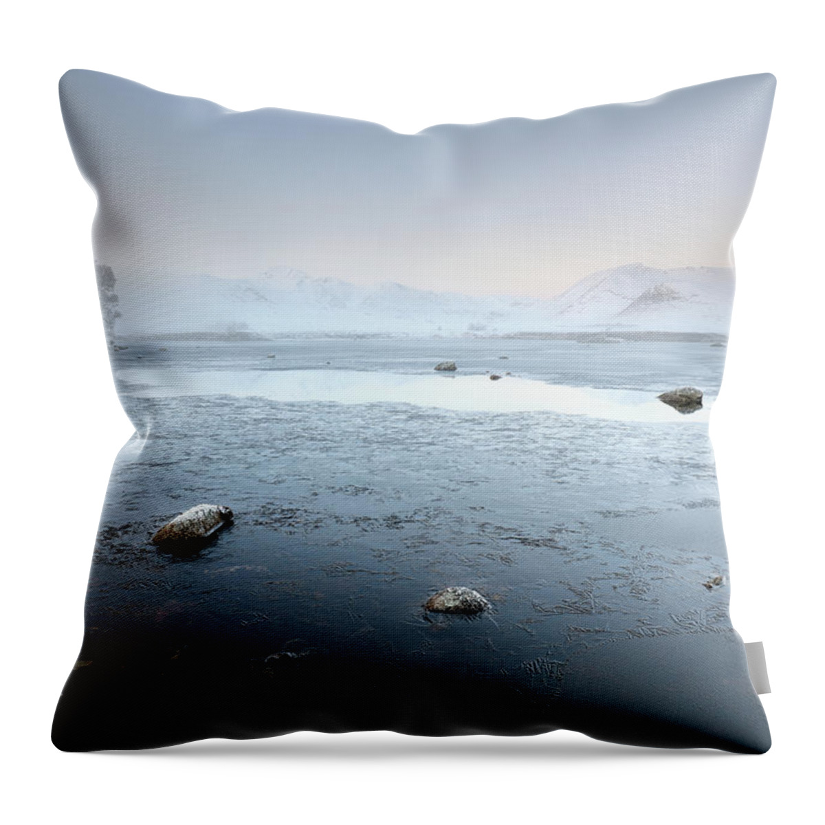 Black Mount Throw Pillow featuring the photograph Glencoe Frozen Misty Winter Sunrise by Grant Glendinning