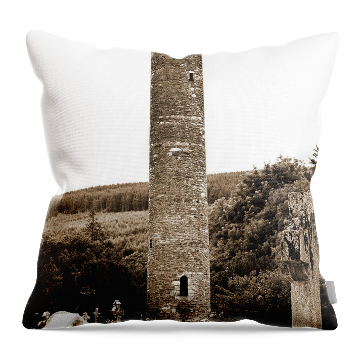 Glendalough Throw Pillow featuring the photograph Glendalough Round Tower Rising Above Irish Graveyard County Wicklow Ireland Sepia by Shawn O'Brien