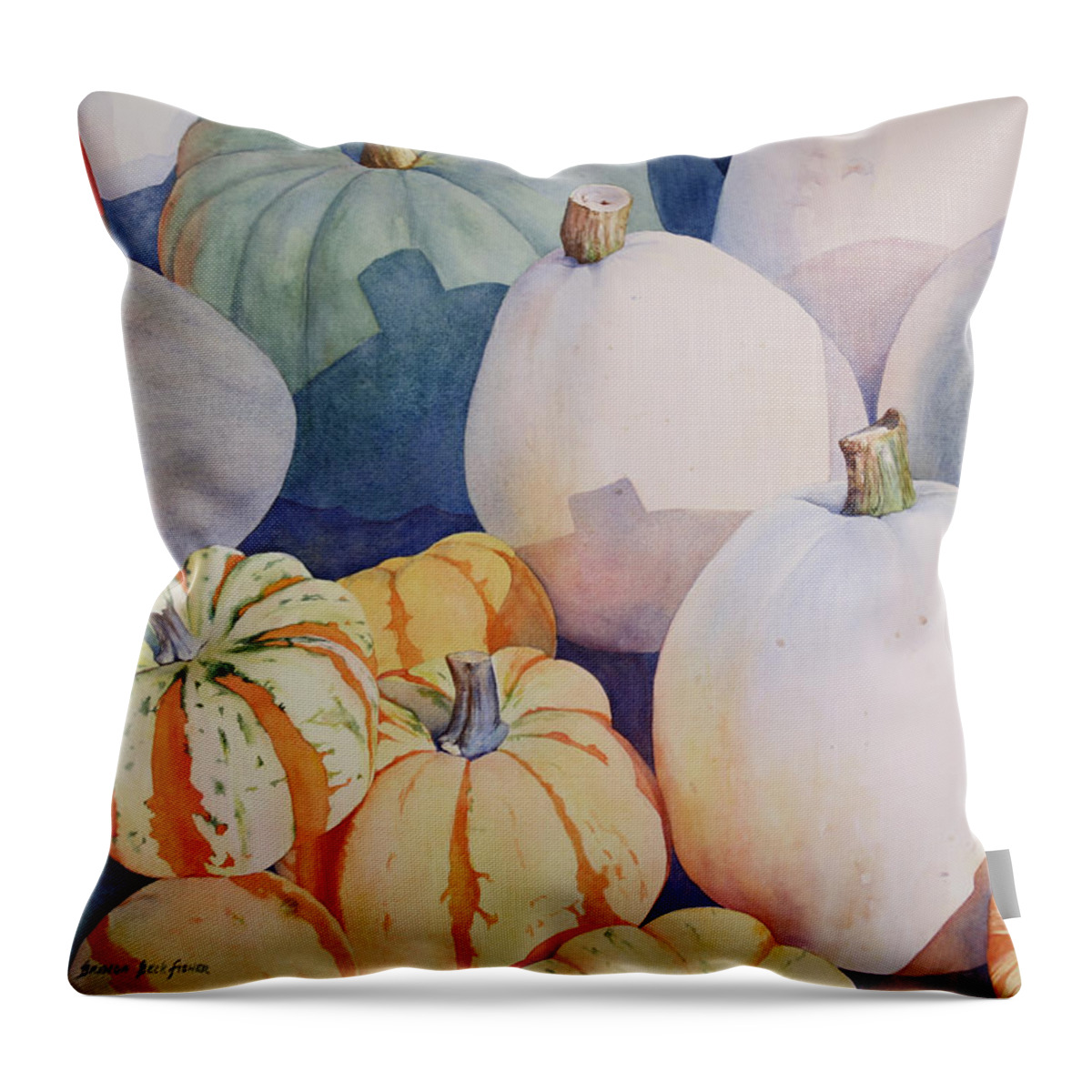Still Life Throw Pillow featuring the painting Glorious Gourds by Brenda Beck Fisher