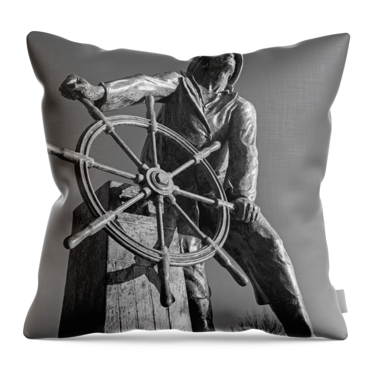Gloucester Throw Pillow featuring the photograph Gloucester Fisherman's Memorial Statue Black and White by Toby McGuire