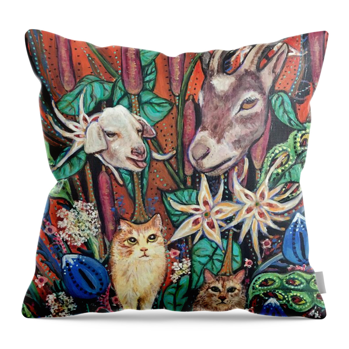 Goats Throw Pillow featuring the painting Goat Weed and Cat Tails by Linda Markwardt