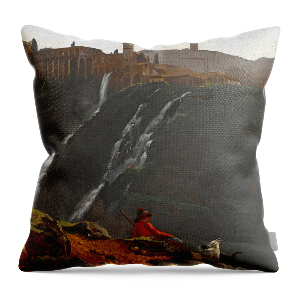 Achille Etna Michallon Throw Pillow featuring the painting Goatherd Opposite the Falls of Tivoli by Achille Etna Michallon