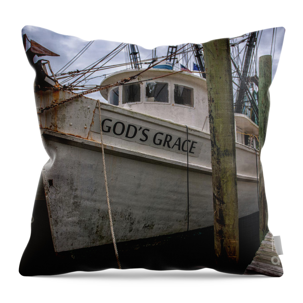 God's Grace Throw Pillow featuring the photograph God's Grace Shrimp Boat Docked in McCellanville SC by Dale Powell