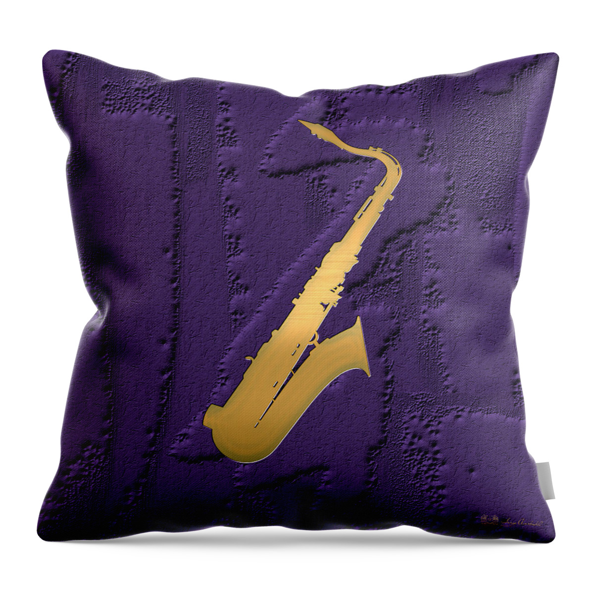 Art Throw Pillow featuring the photograph Gold Embossed Saxophone on Purple by Serge Averbukh