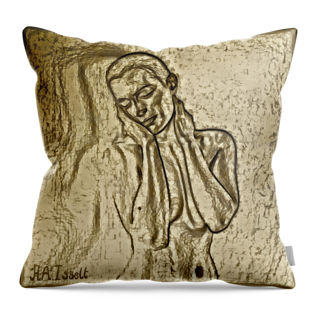 Gold Throw Pillow featuring the digital art Gold female posing standing by Humphrey Isselt