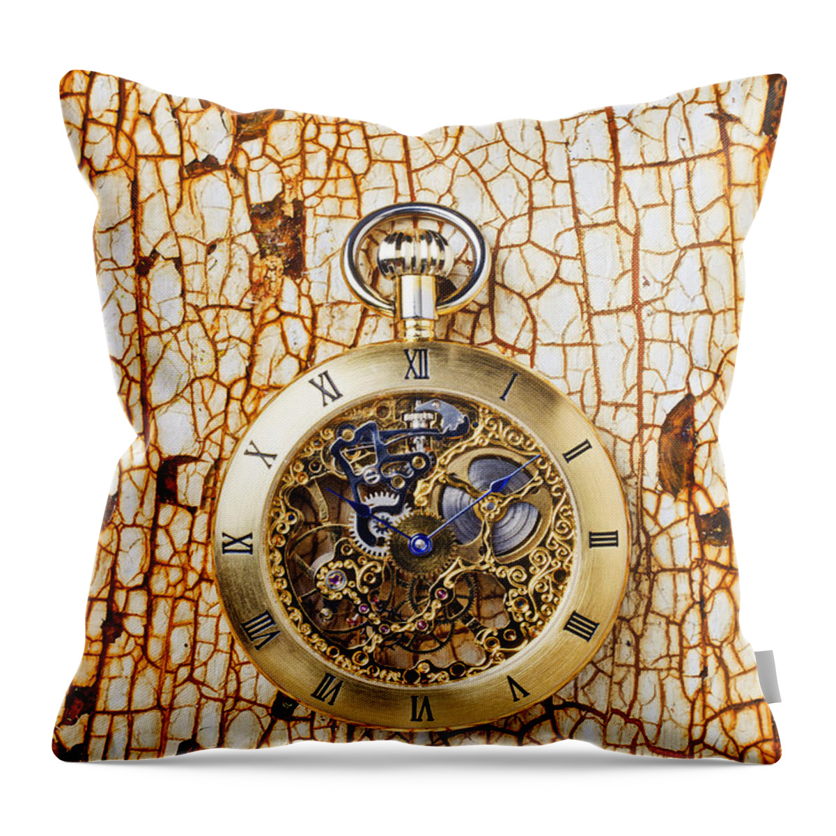 Gold Pocket Watch Throw Pillow featuring the photograph Gold pocket watch on rusty table by Garry Gay