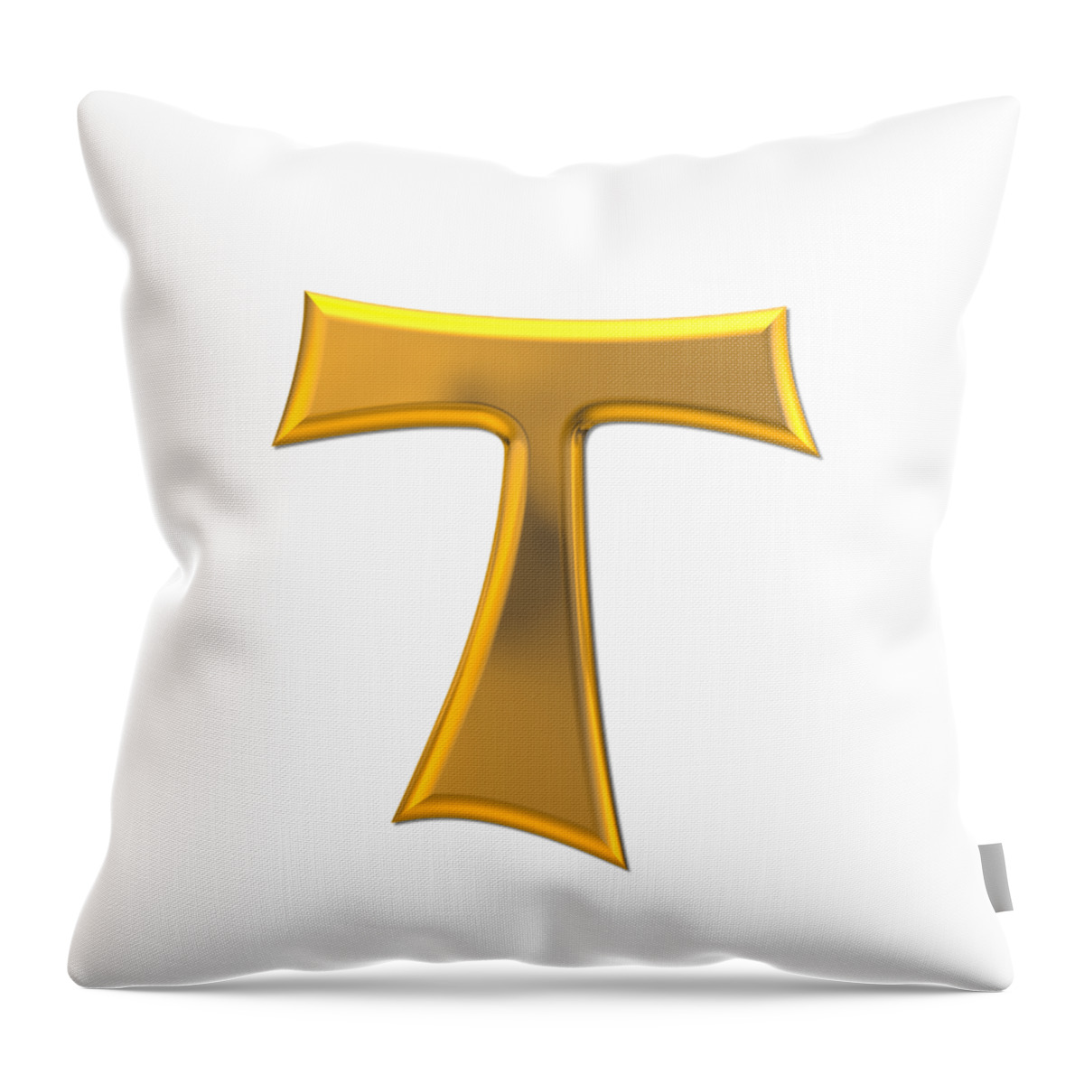 Golden 3d Look Franciscan Tau Cross Throw Pillow featuring the digital art Golden 3D Look Franciscan Tau Cross by Rose Santuci-Sofranko