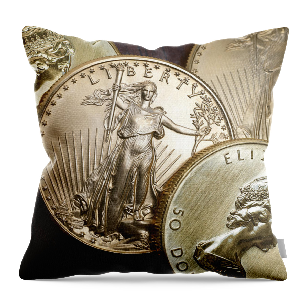Bank Throw Pillow featuring the photograph Golden Coins by Joe Carini - Printscapes