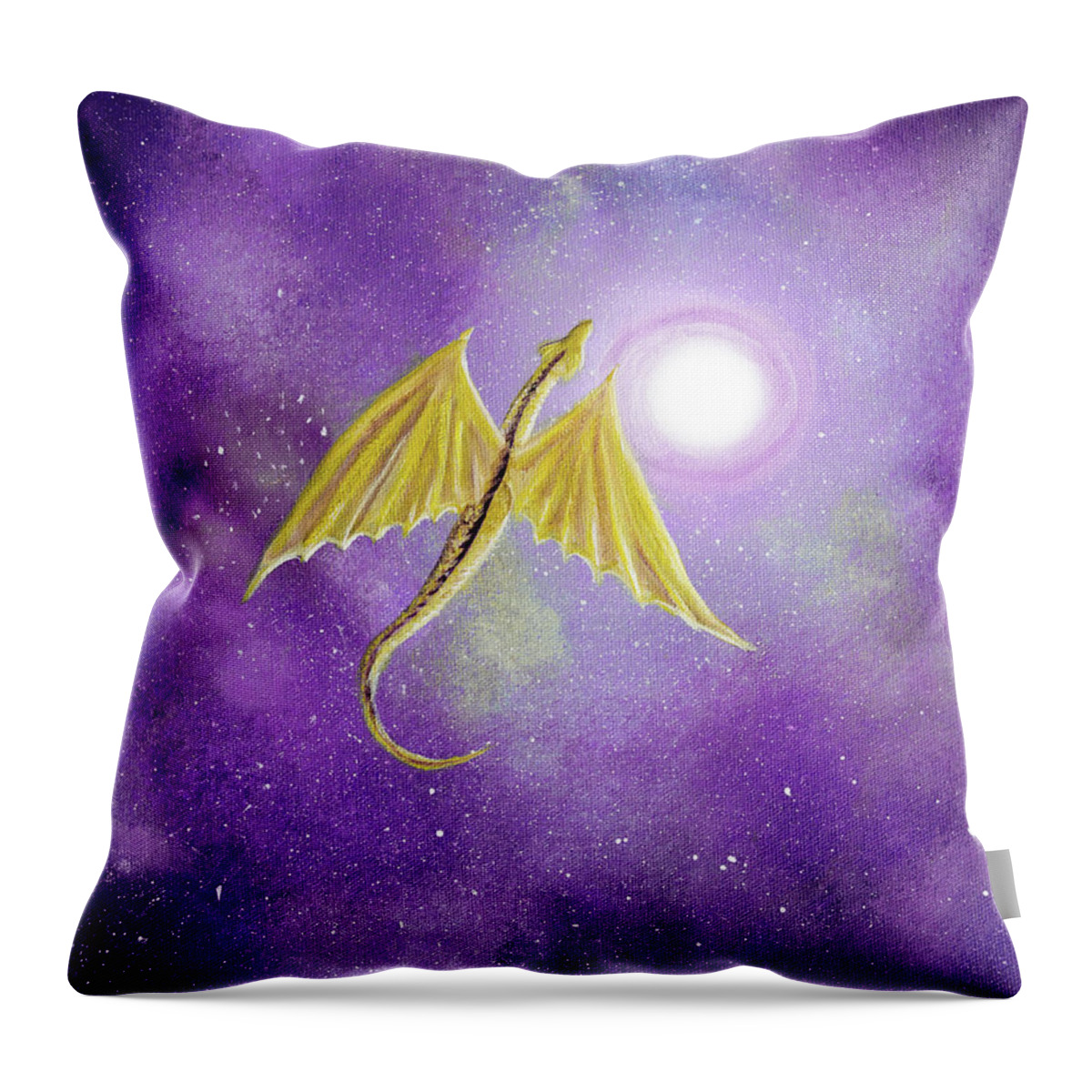Dragon Throw Pillow featuring the painting Golden Dragon Soaring in Purple Cosmos by Laura Iverson