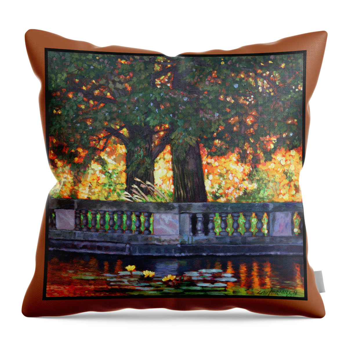 Trees Throw Pillow featuring the painting Golden Fall Light by John Lautermilch