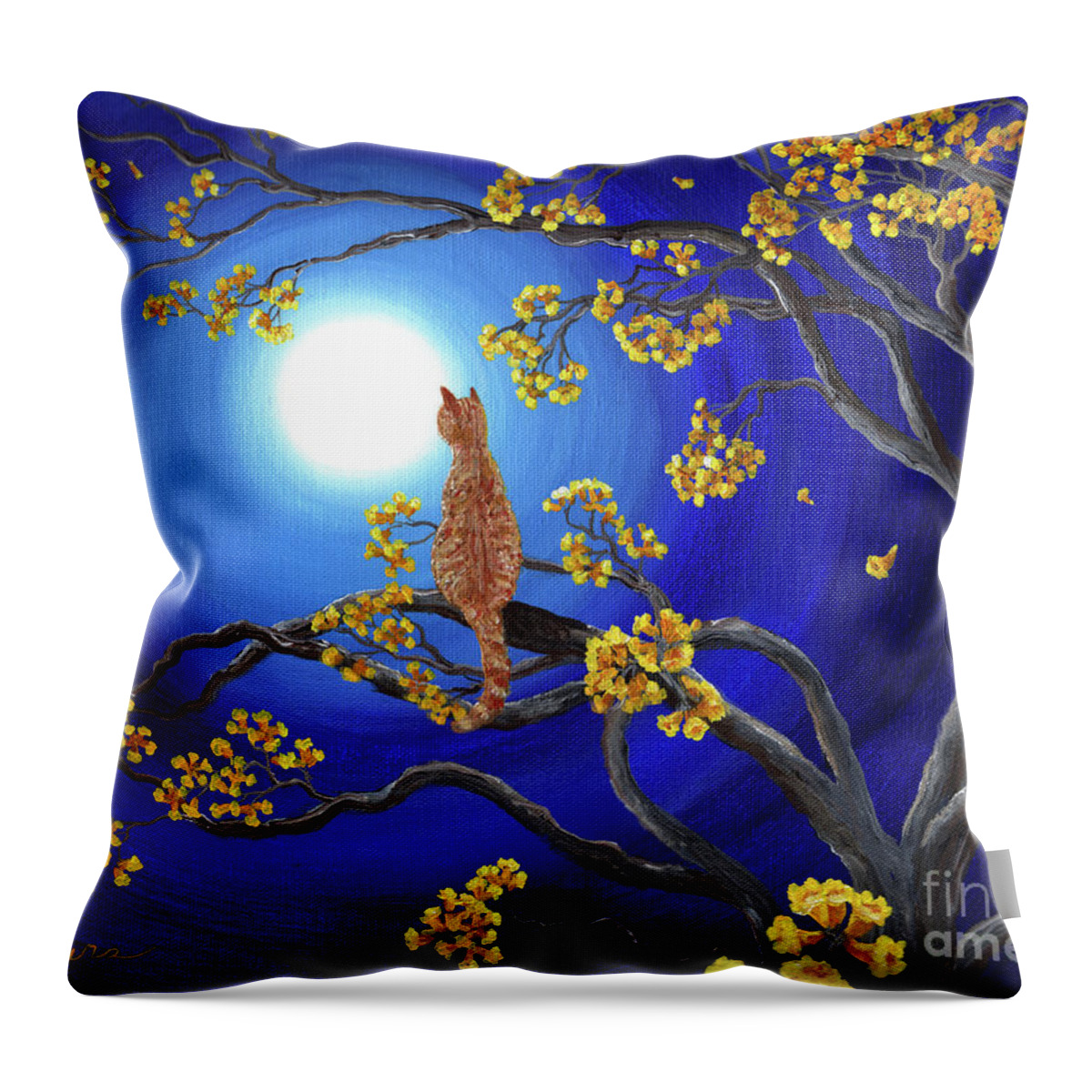 Landscape Throw Pillow featuring the painting Golden Flowers in Moonlight by Laura Iverson
