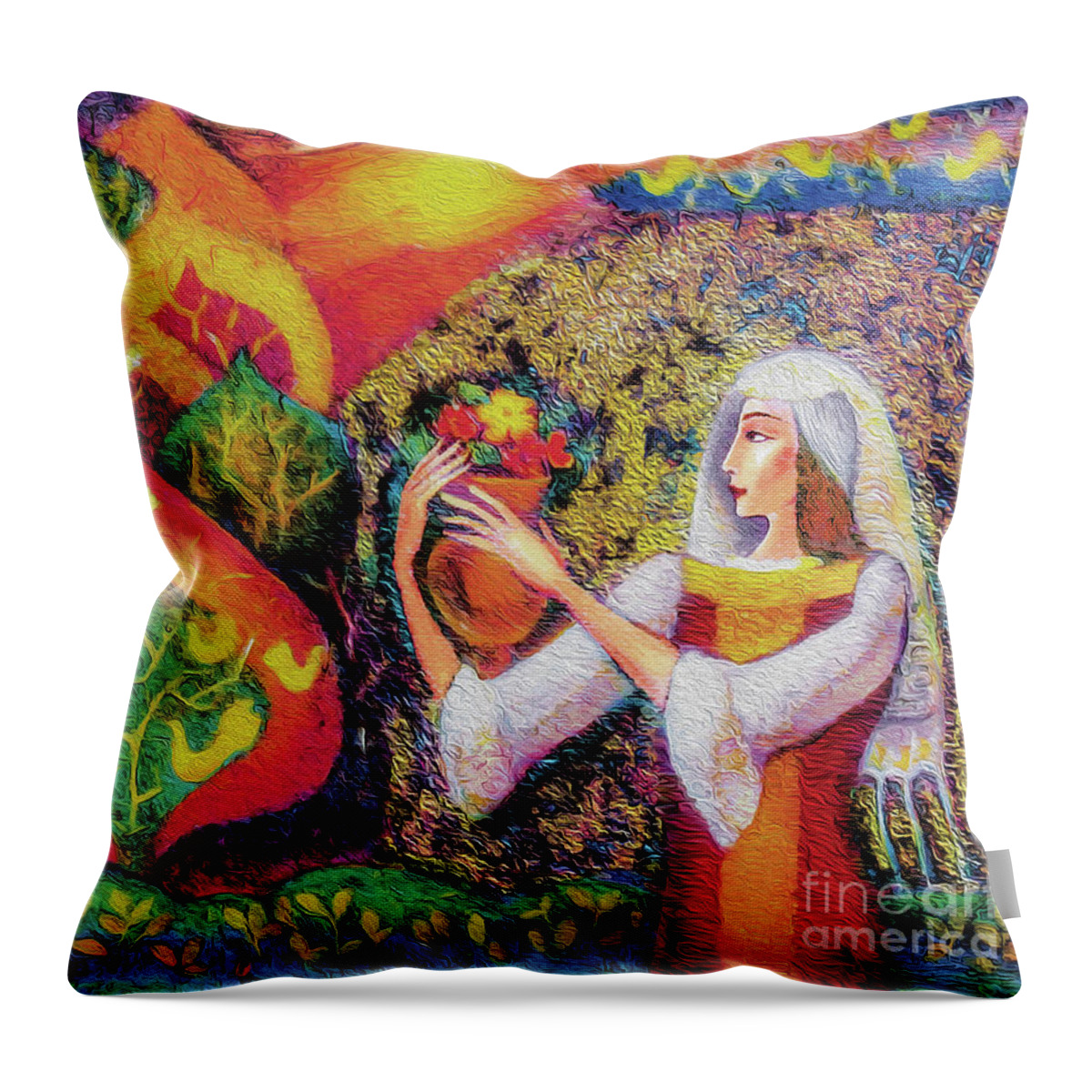 Ethnic Woman Throw Pillow featuring the painting Golden Forest by Eva Campbell