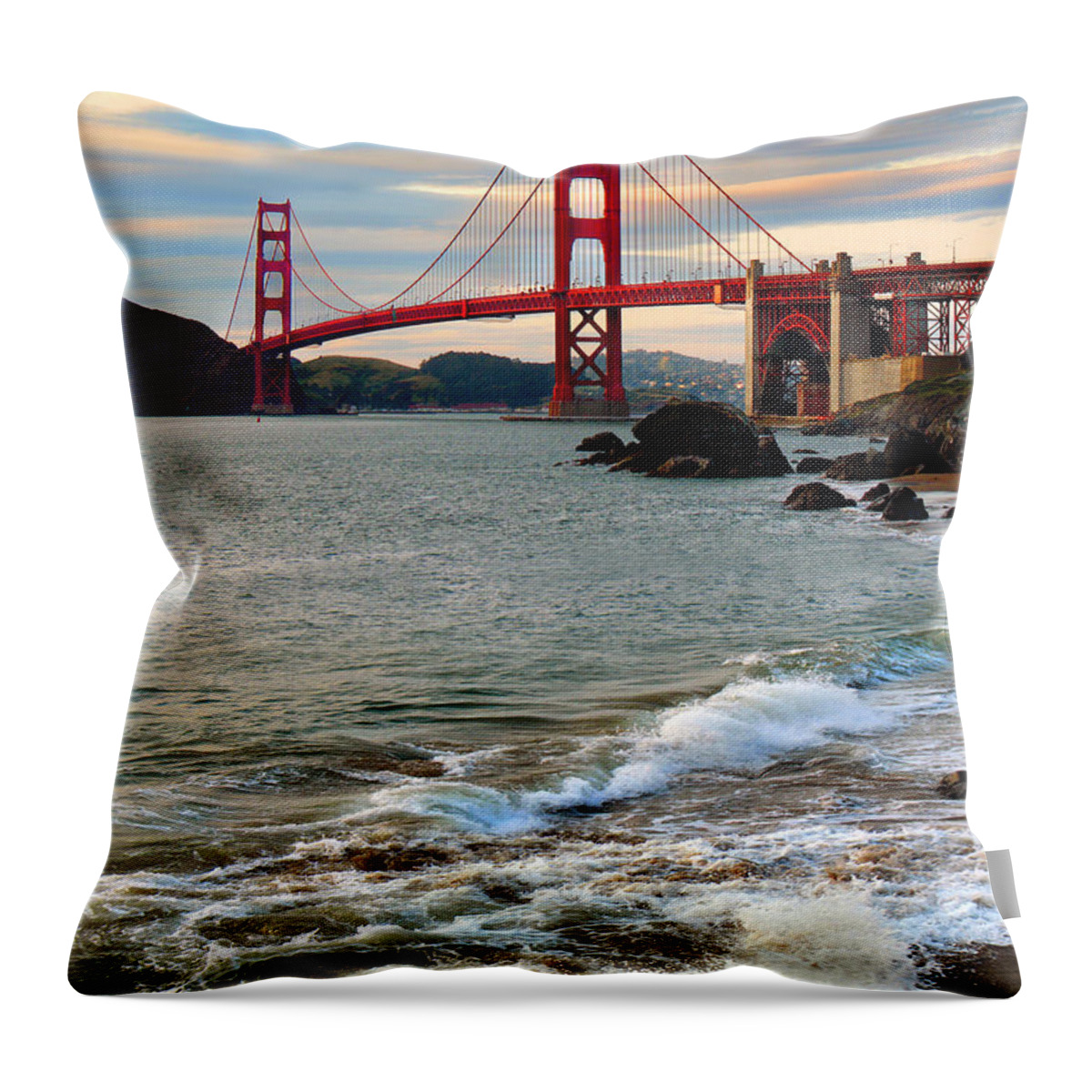 Golden Gate Bridge Poster Throw Pillow featuring the photograph Golden Gate Bridge and the Pacific Ocean at Sunset with Waves by Wernher Krutein