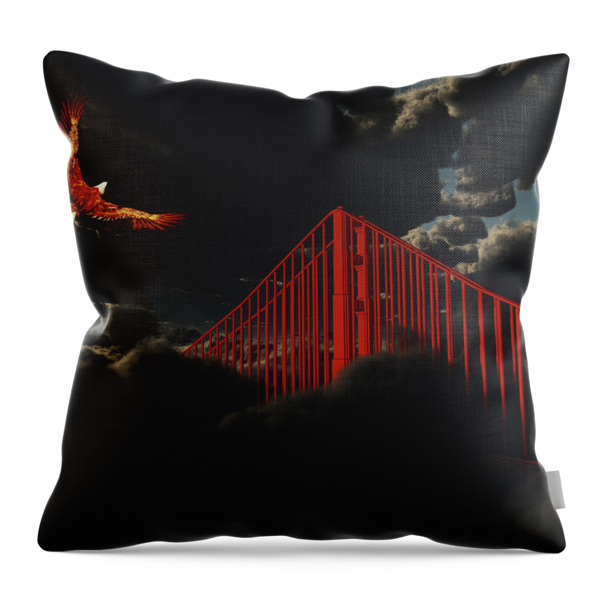 Gate Throw Pillow featuring the digital art Golden Gate Bridge in Heavy Fog Clouds with Eagle by Bruce Rolff