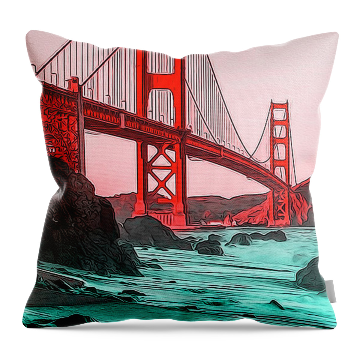 Golden Gate Bridge Throw Pillow featuring the painting Golden Gate Bridge - Panorama by AM FineArtPrints