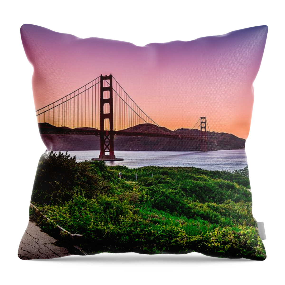 Golden Throw Pillow featuring the photograph Golden Gate Bridge San Francisco California At Sunset by Alex Grichenko