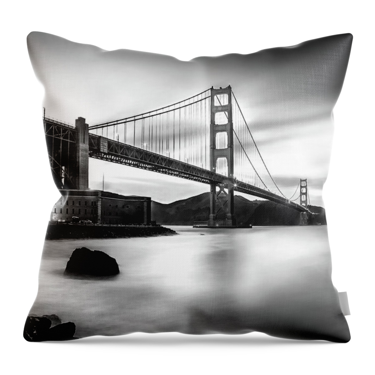 Golden Gate Bridge Throw Pillow featuring the photograph Golden Gateway BW by Az Jackson