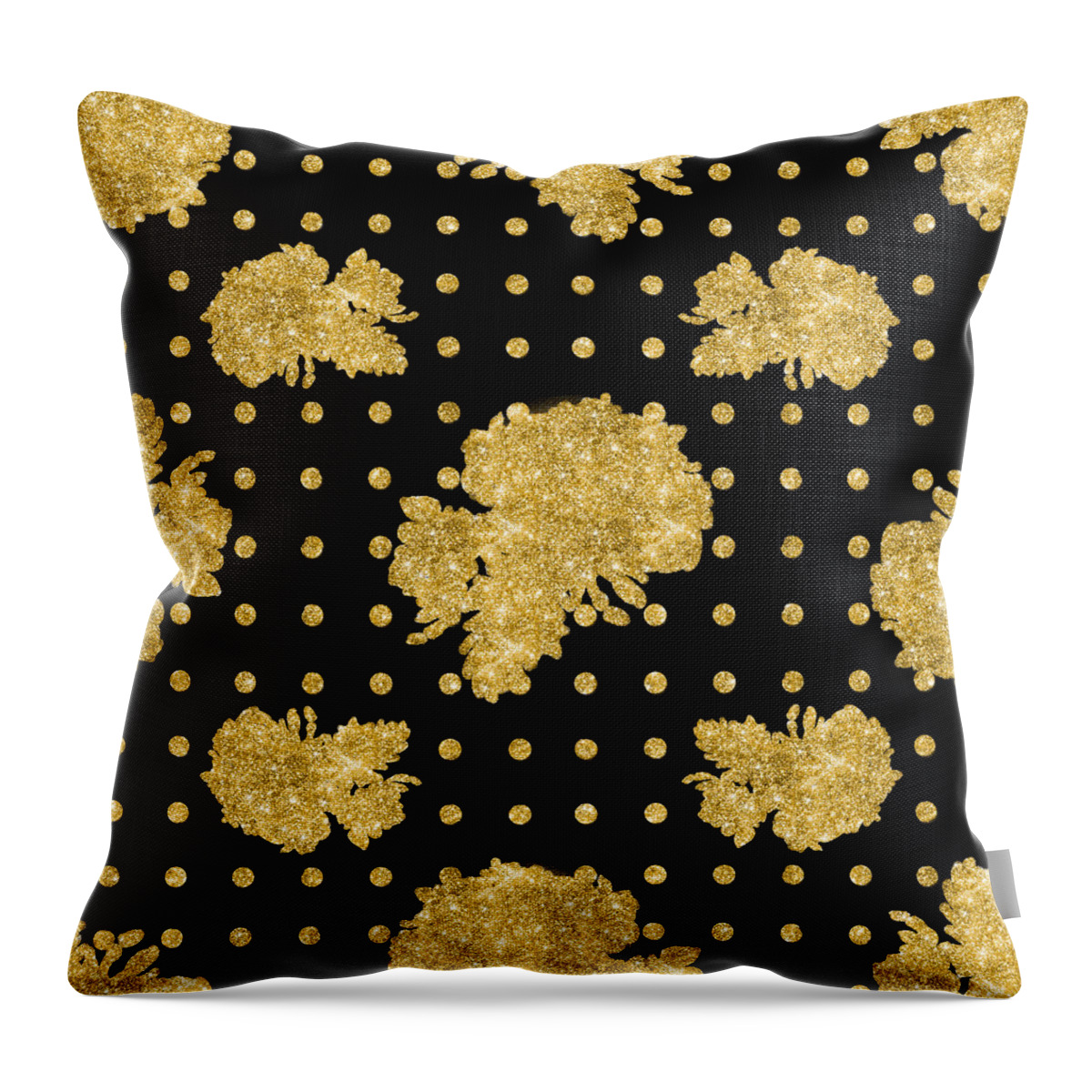 Gold Throw Pillow featuring the painting Golden Gold Floral Rose Cluster w Dot Bedding Home Decor Art by Audrey Jeanne Roberts