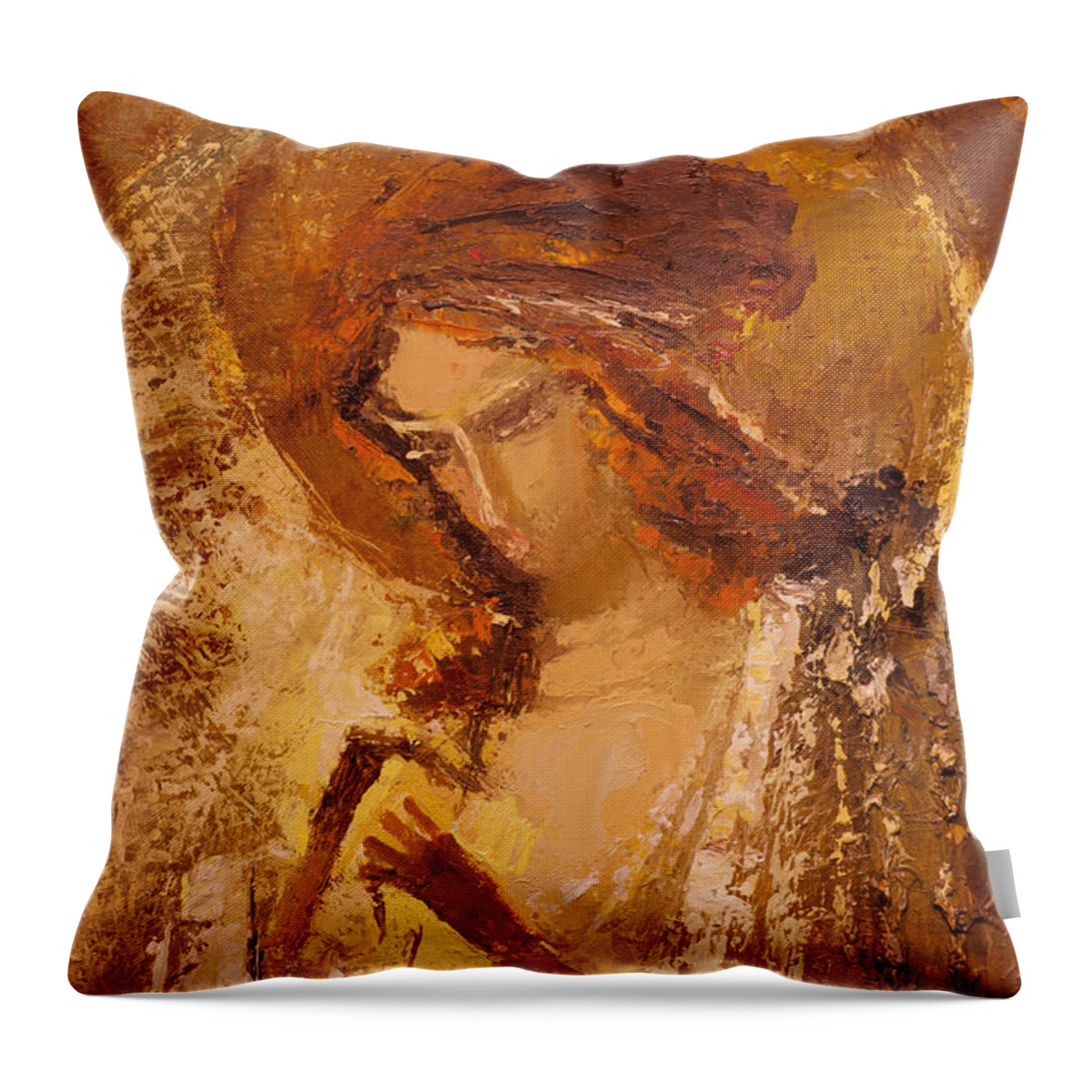 Angel Throw Pillow featuring the painting Golden Light of Angel. Fragment by Valentina Kondrashova