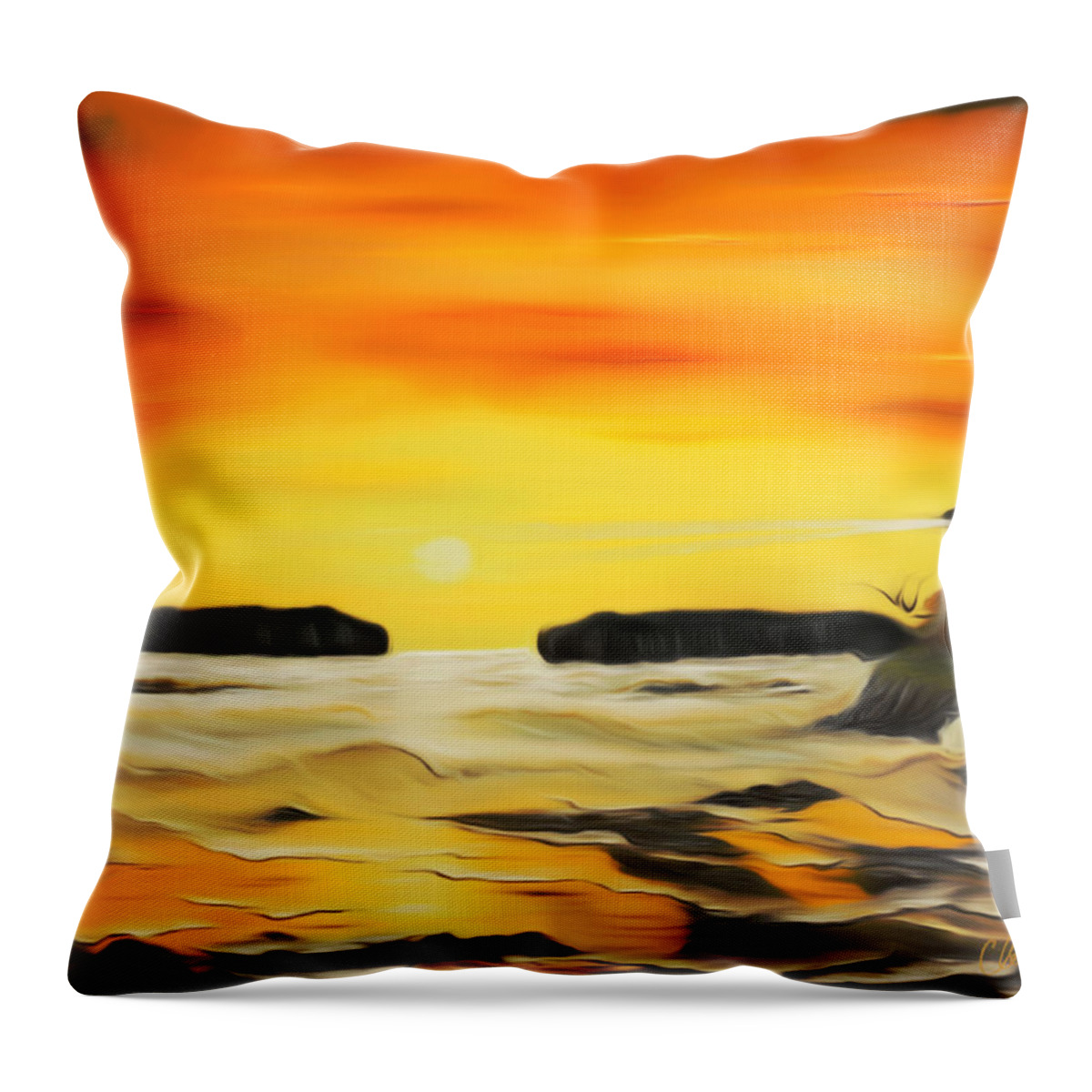 Sunset Throw Pillow featuring the painting Golden Lighthouse Sunset Dreamy Mirage by Claude Beaulac