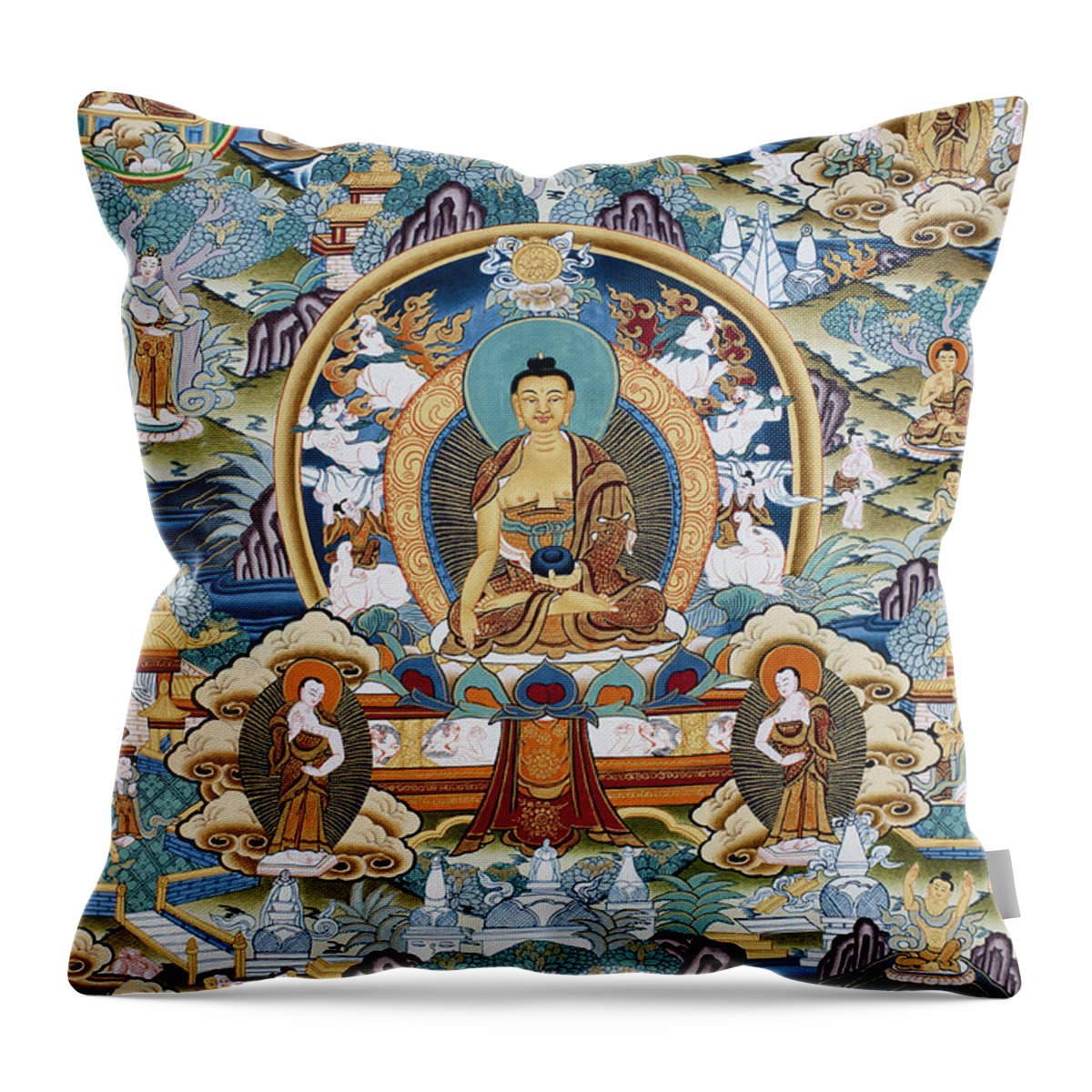 Buddha Throw Pillow featuring the photograph Golden Medicine Buddha Thangka by Tim Gainey