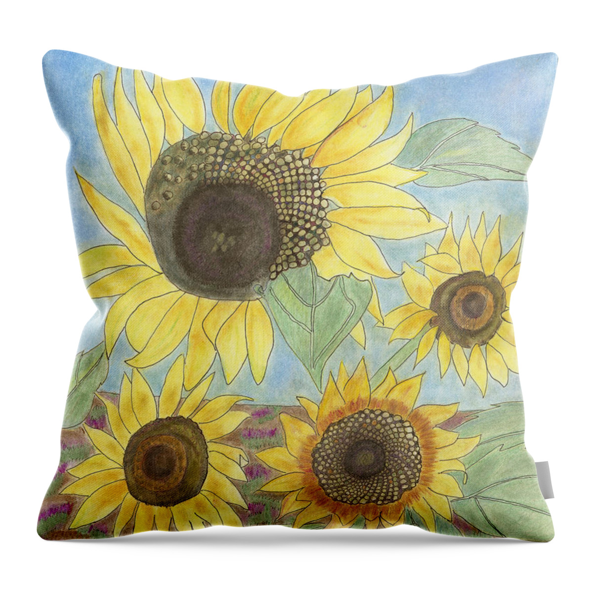 Sunflowers Throw Pillow featuring the drawing Golden Quartet by Arlene Crafton