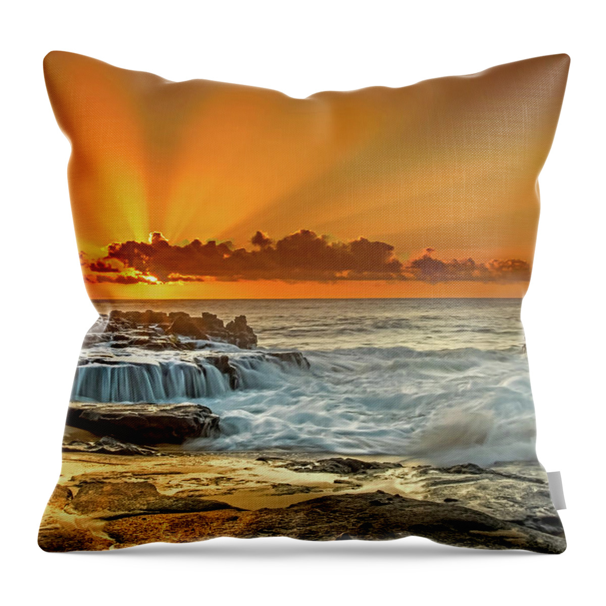 Oahu Sunset Ocean Shorebreak Seascape Clouds Fine Art Photography Throw Pillow featuring the photograph Golden Rays by James Roemmling