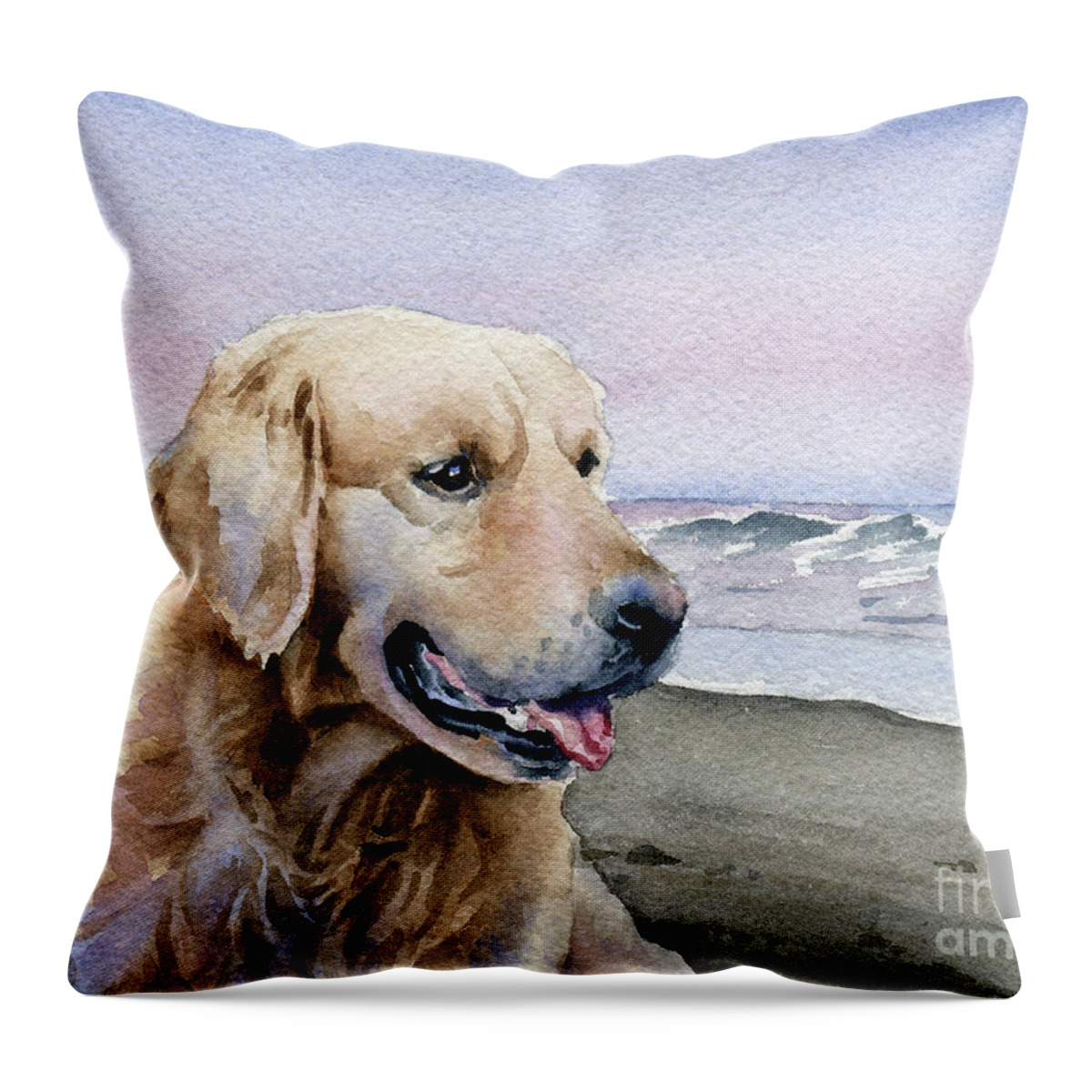 Golden Throw Pillow featuring the painting Golden Retriever at the Beach by David Rogers
