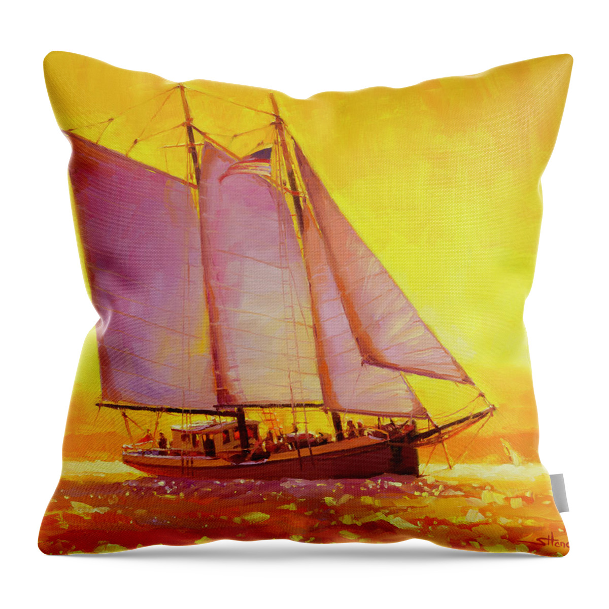 Sail Throw Pillow featuring the painting Golden Sea by Steve Henderson